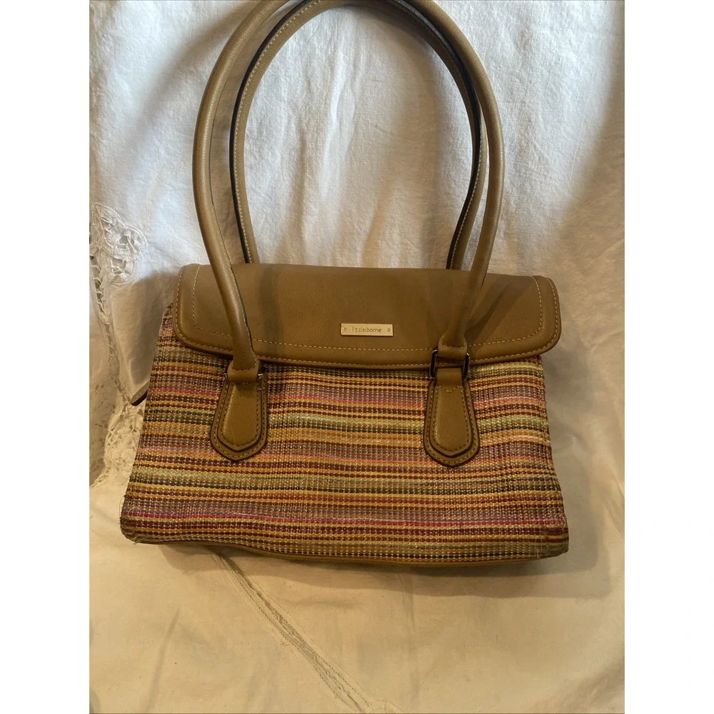 Vintage Liz Claiborne Multicolor Woven Faux Leather Satchel Purse, Tan Handbag